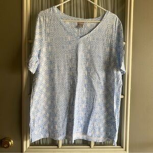 Chico’s light blue and white patterned Tshirt